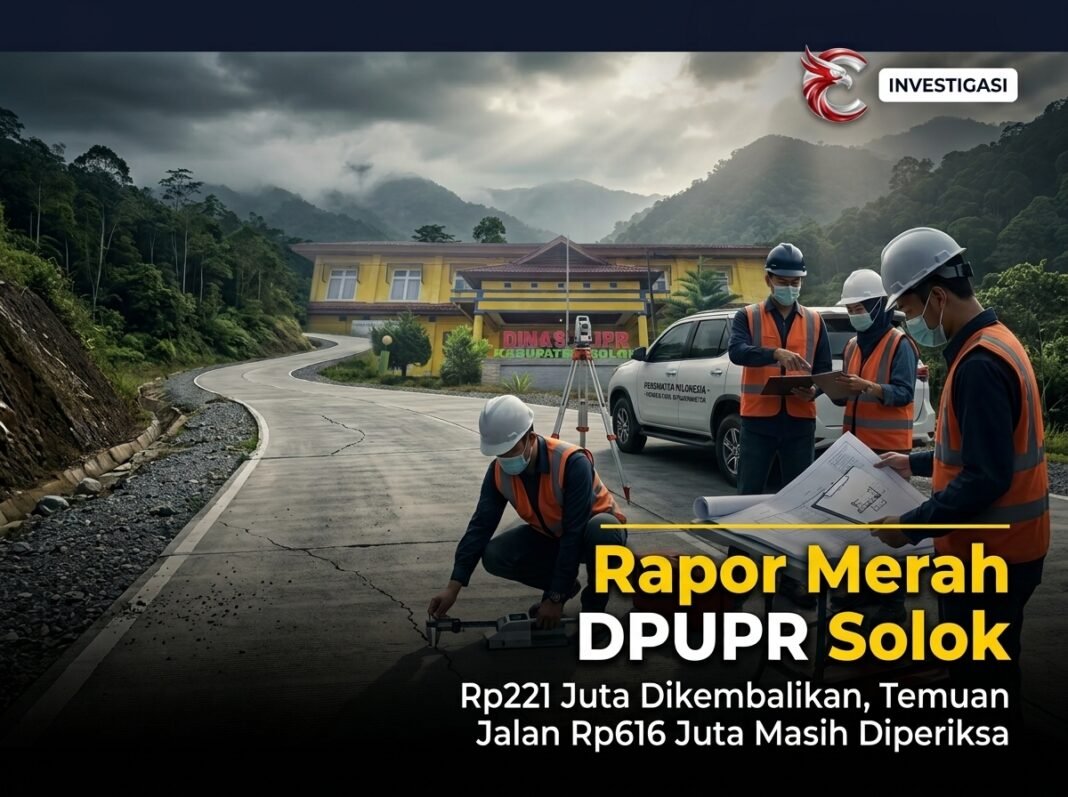 Ilustrasi temuan BPK RI terhadap enam kontrak pekerjaan jalan DPUPR Kabupaten Solok Tahun 2025