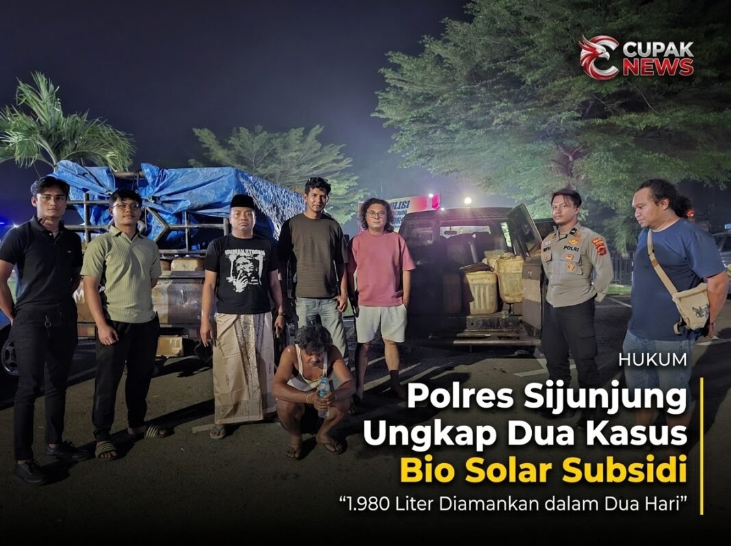 Polres Sijunjung Ungkap Dua Kasus Bio Solar Subsidi, 1.980 Liter Diamankan dalam Dua Hari